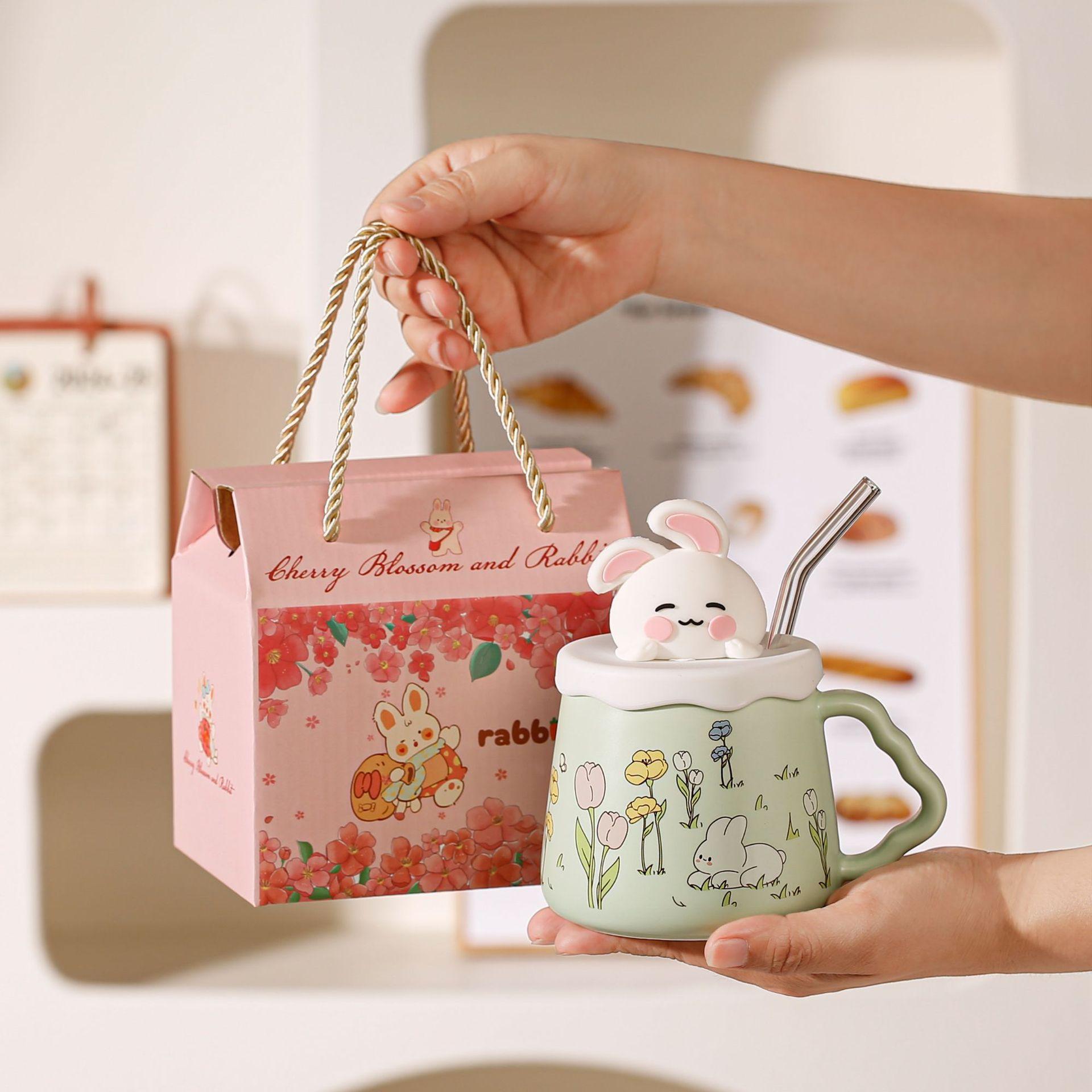 

Cute Rabbit Straw Cup Creative Cup with Lid Ceramic Mug Girl Girlfriend Home Gift Water Cup Garden Rabbit Series