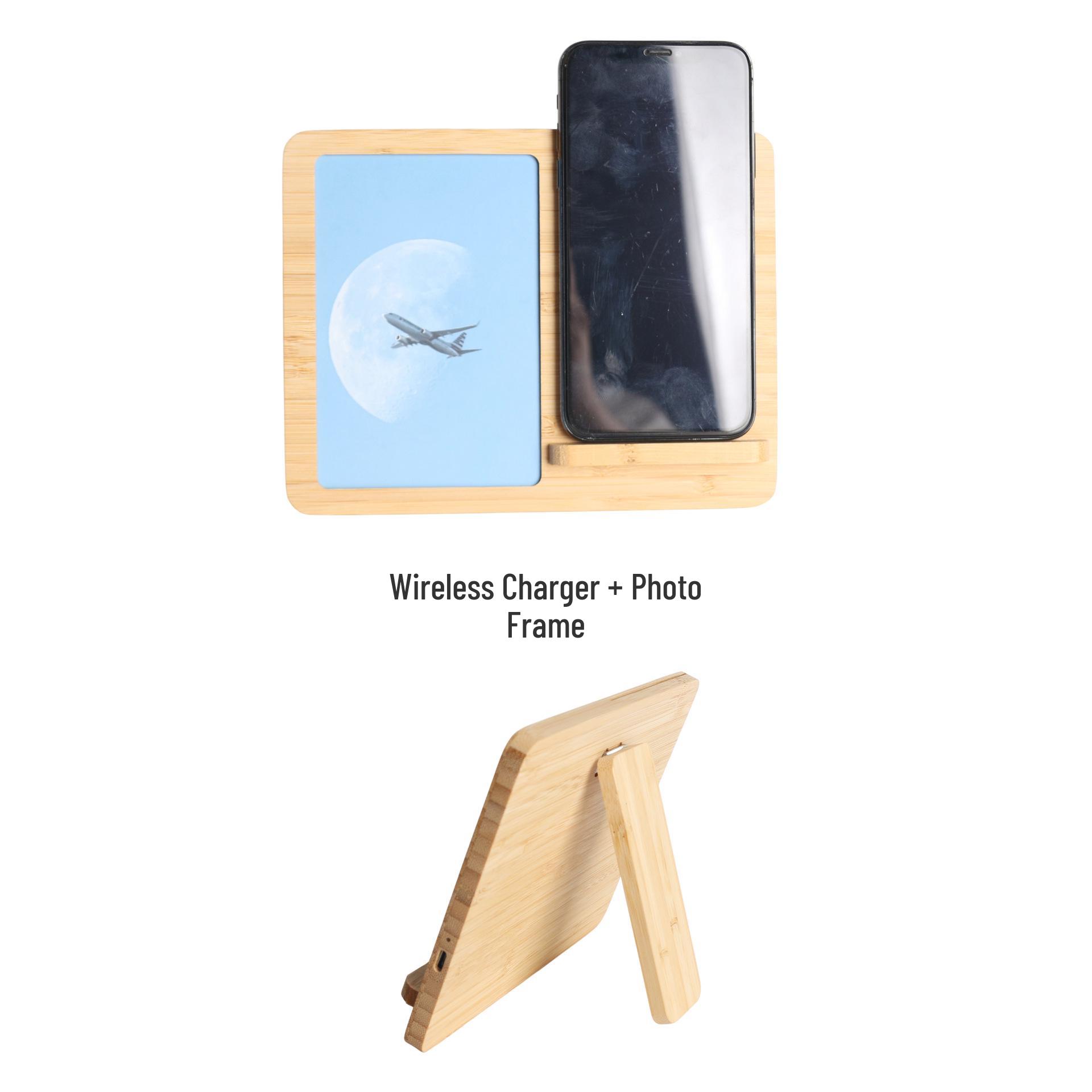 

Bamboo Wireless Charger & Photo Frame with Calendar and Mirror - Perfect for Home or Office Bamboo Color 5W