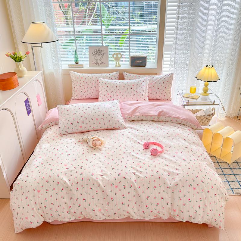 Garden Pink Flowers Pattern Duvet Cover Set 3Pcs Cute Rabbit Printed 100% Cotton Soft Comfortable Comforter Cover Bedding Set