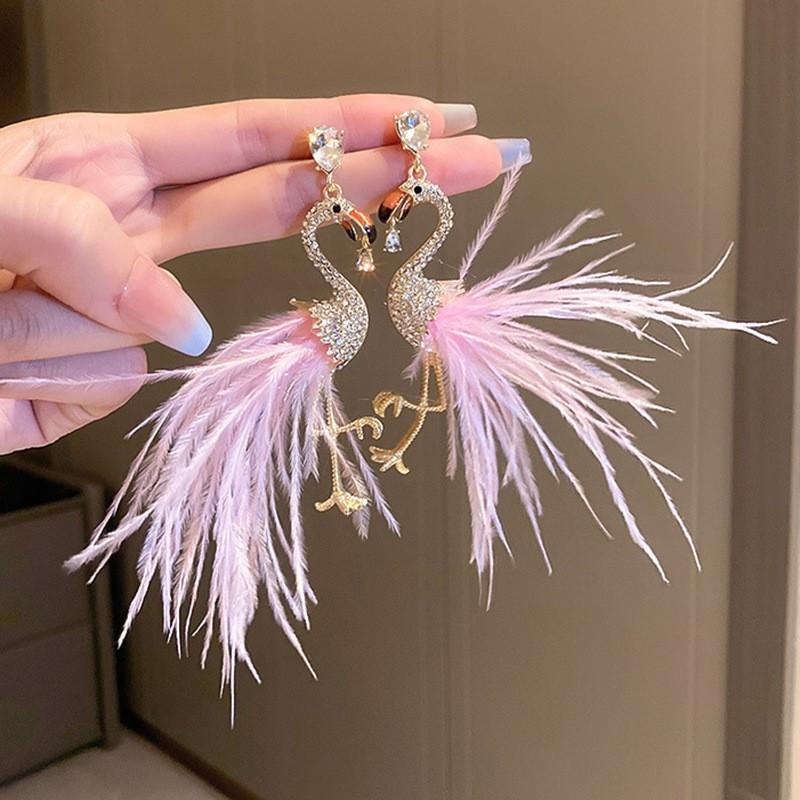 Orecchini a Frange di Piume con Diamanti Colorati Lusso Leggero Borchie di Alta Gamma Orecchini di Nicchia Retrò Autunno e Inverno Donna