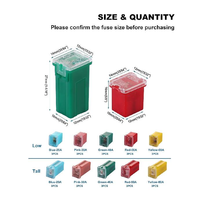 CrocSee 30 Pieces Car Fuses Assortment Kit, Tall/Standard and Low Profile Box Shaped Automotive Fuses for Pickup Trucks, Cars, RVs, and SUVs