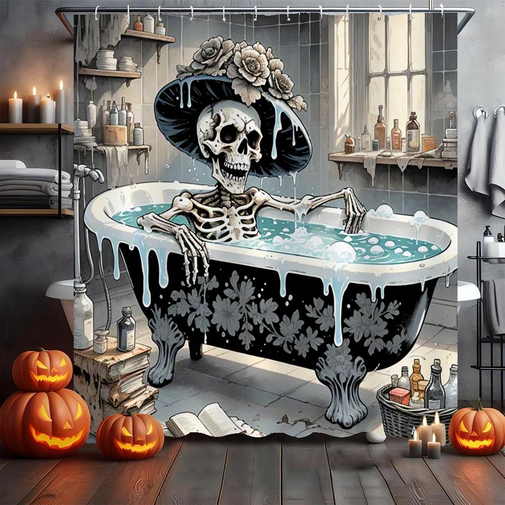 Amusing and Creative Skeleton Skull Shower Curtain Waterproof Bathroom Curtain Funny Scary Halloween Home Decorative Curtain