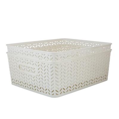 2 Pack Herringbone Plastic Storage Baskets with Open Handles Lightweight Organizational Storage Bins Home and Office 13.78 X