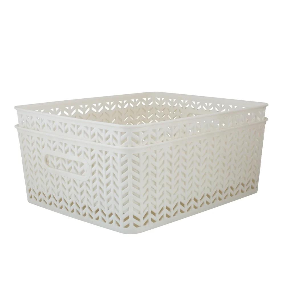 2 Pack Herringbone Plastic Storage Baskets with Open Handles Lightweight Organizational Storage Bins Home and Office 13.78 X