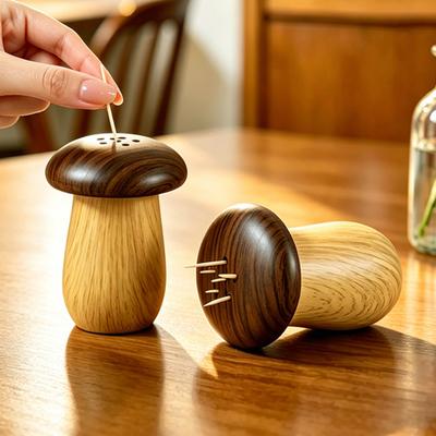Wood Grain Mushroom Toothpick Box with Dust-proof Lid Vintage Toothpick Holder Dispenser Organizer Container for Home Office Restaurant