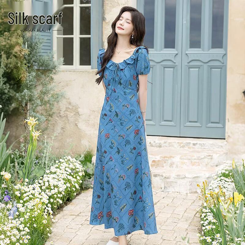 

Women s Ruffle Collar Floral Print High-Waist Midi Dress L