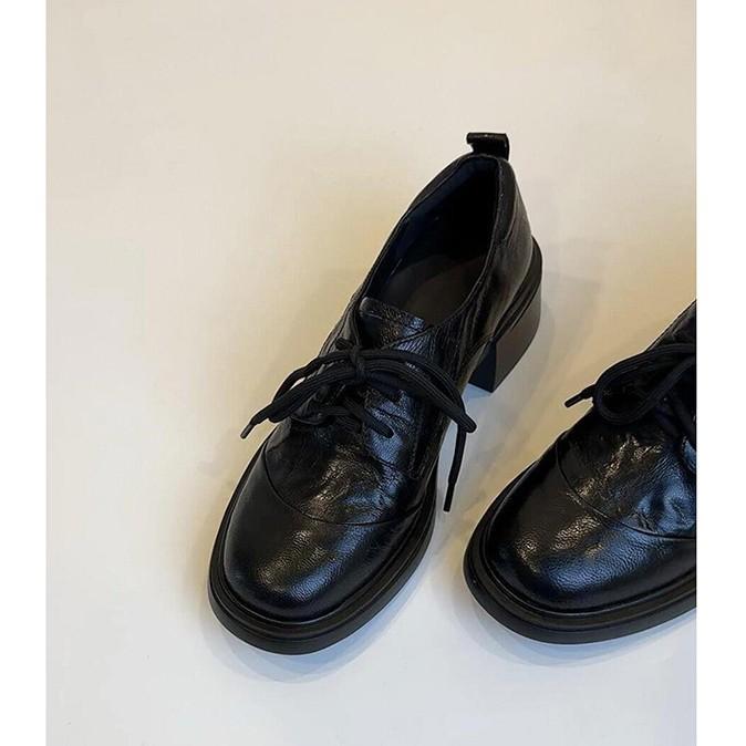Soft leather version~ British retro soft leather round head lace-up loafers commuting thick heel small leather shoes women's single shoes