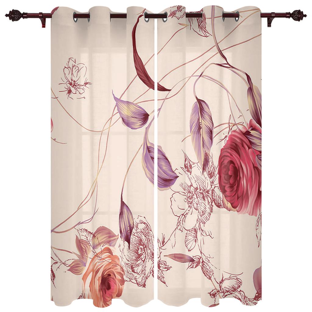 Flowers Bloom Turquoise Plants Roses Window Curtain For Living Room Bedroom Luxury Home Kitchen Decor Items Curtains