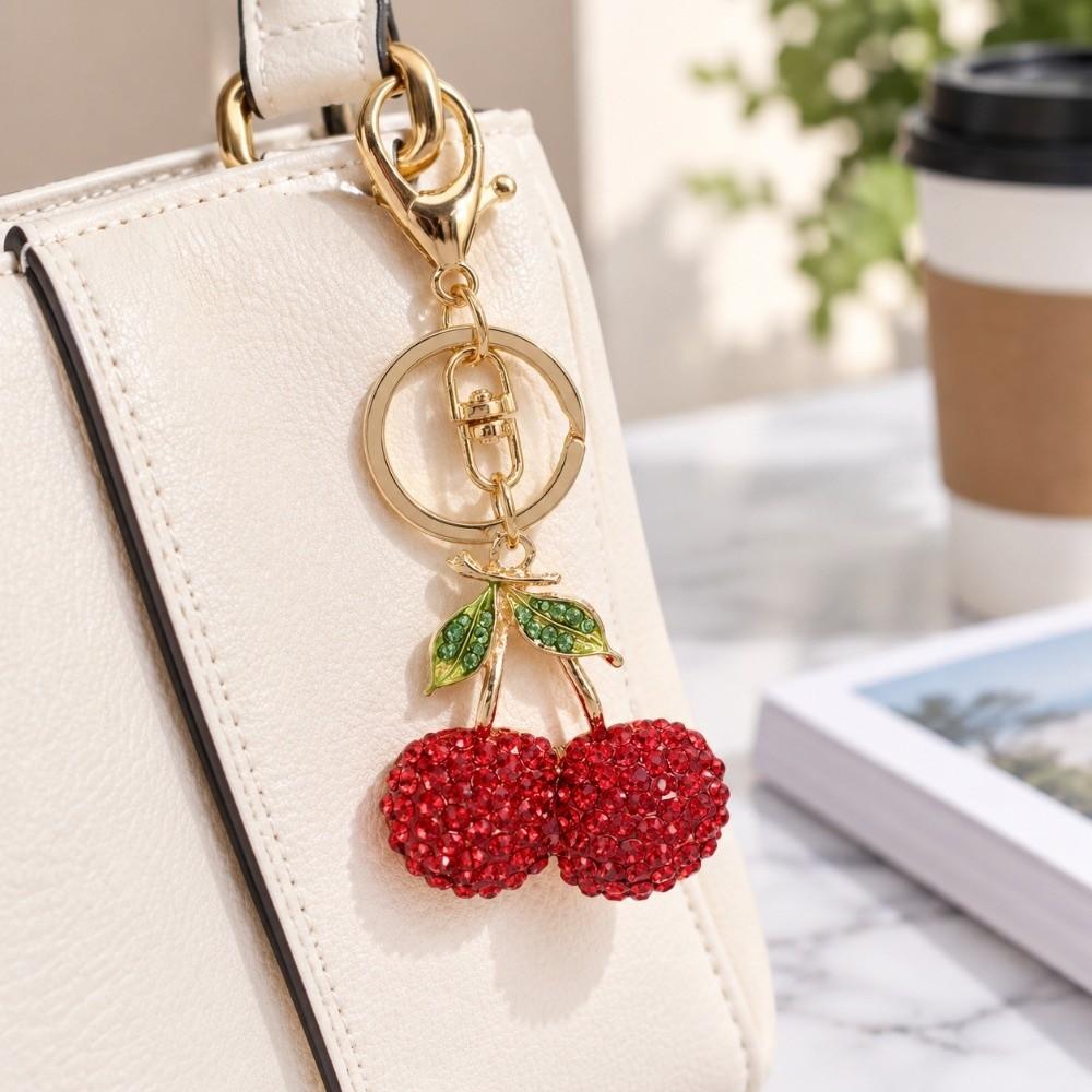 2pcs Sparkling Finish Cherry Keychain Red & Pink Key Ring Pendant Fruit Bag Charm For Car Accessory