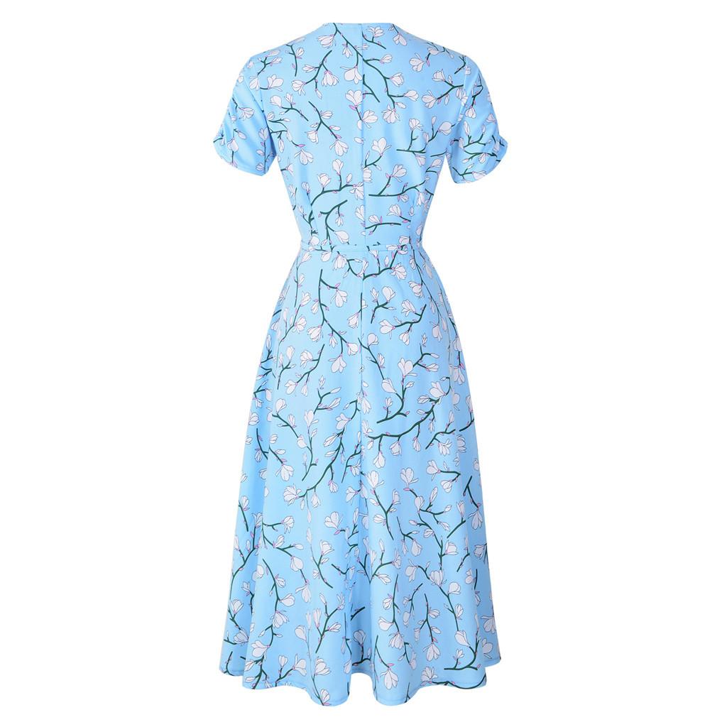 Womens V Neck Holiday Floral Print Dress Ladies Short Sleeve Party Dress