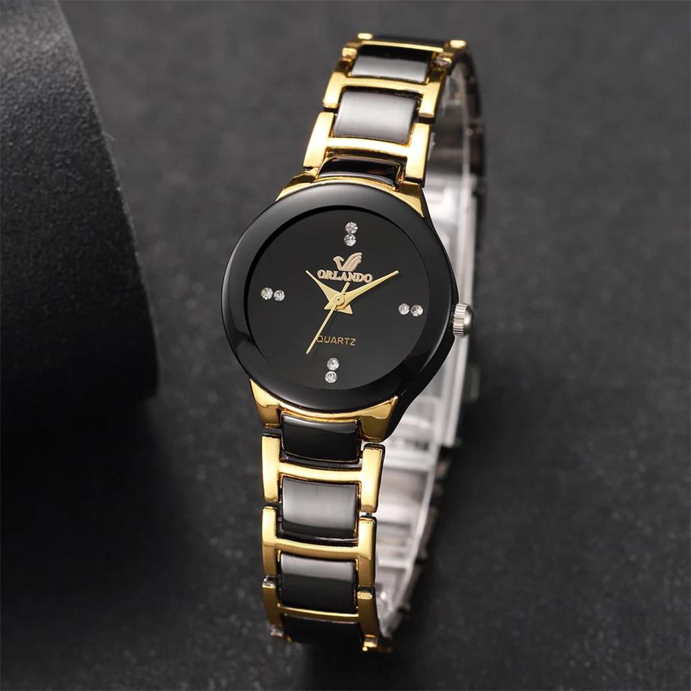 Women's Black Gold Quartz Watch with Versatile Steel Band