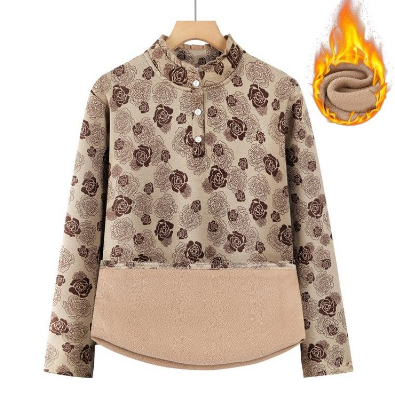 Autumn and Winter Long-sleeved Floral Bottoming Shirt Fashionable Large Size Medium-sized Elderly Lace Collar Velvet Clothes