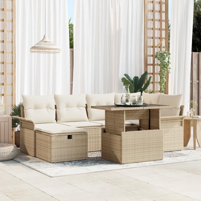 VidaXL Ensemble de Canapé de Jardin 7 Pièces avec Coussins Beige en Poly Rattan 3361010