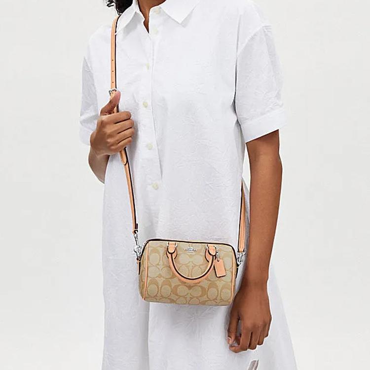 Coach Rowan 18 Classic Monogram Zip Closure Shoulder Tote Crossbody Bag Small Women bags Khaki Light-Orange CS183-SVX1W
