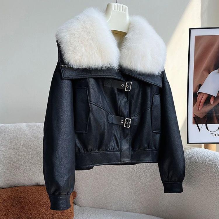 Fashion Faux Fox Fur Loose  Biker Jacket Women Coat Winter Outerwear