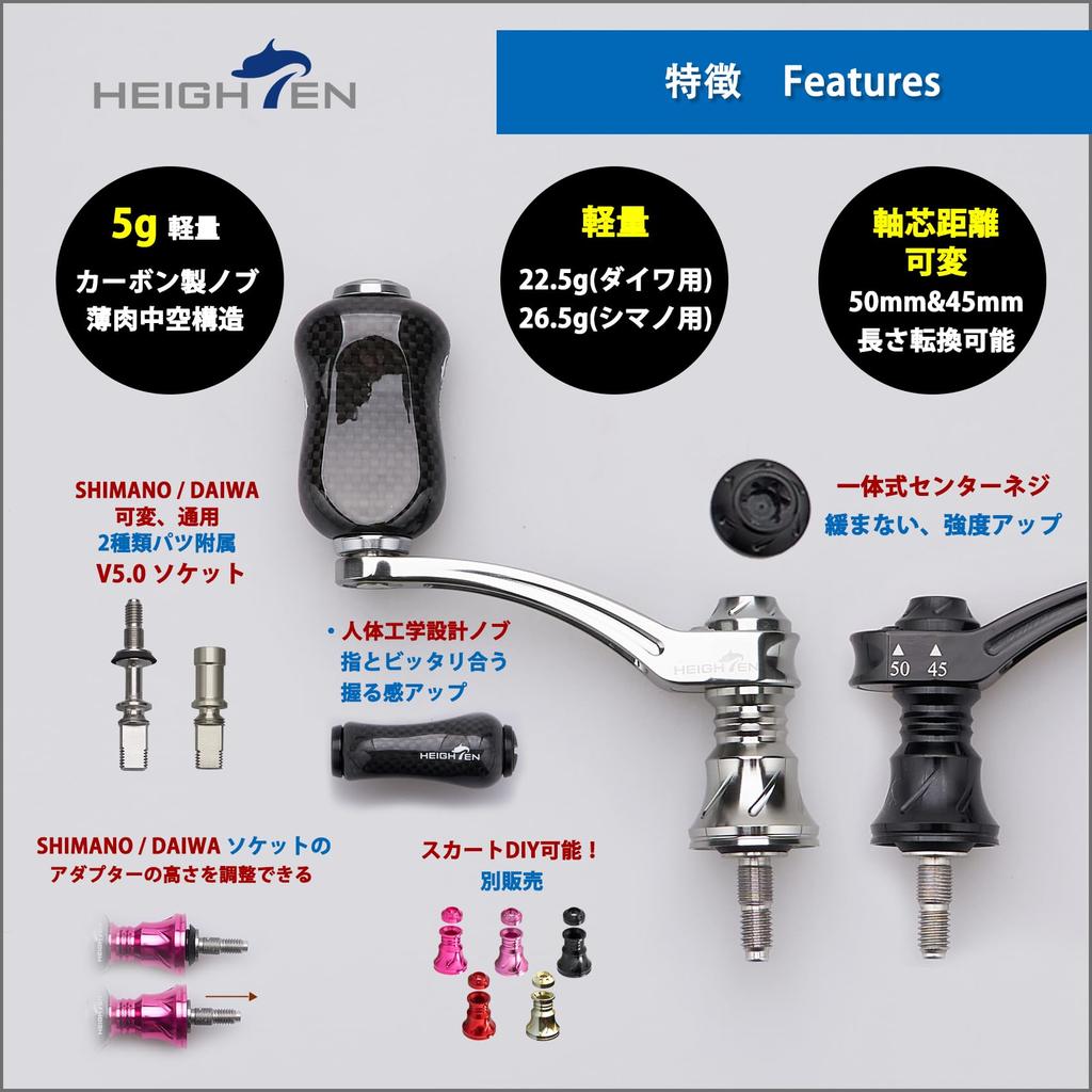 HEIGHTEN 45-50mm Adjustable Reel Handle with 21mm Carbon Knob for Shimano and Daiwa Arch Series Spinning Reels (Gunmetal) (927)