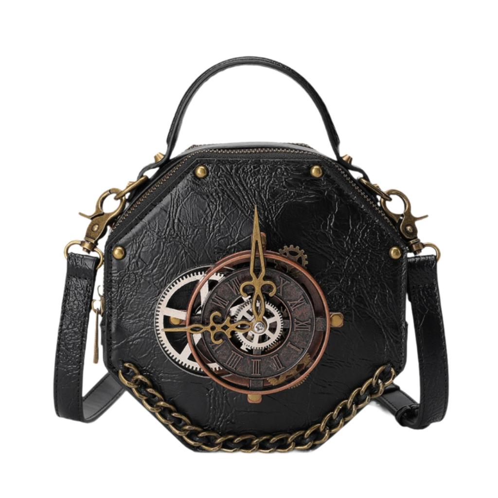 Steampunk Shoulder Bag with Clock Face Retro PU Crossbody Chain Trim