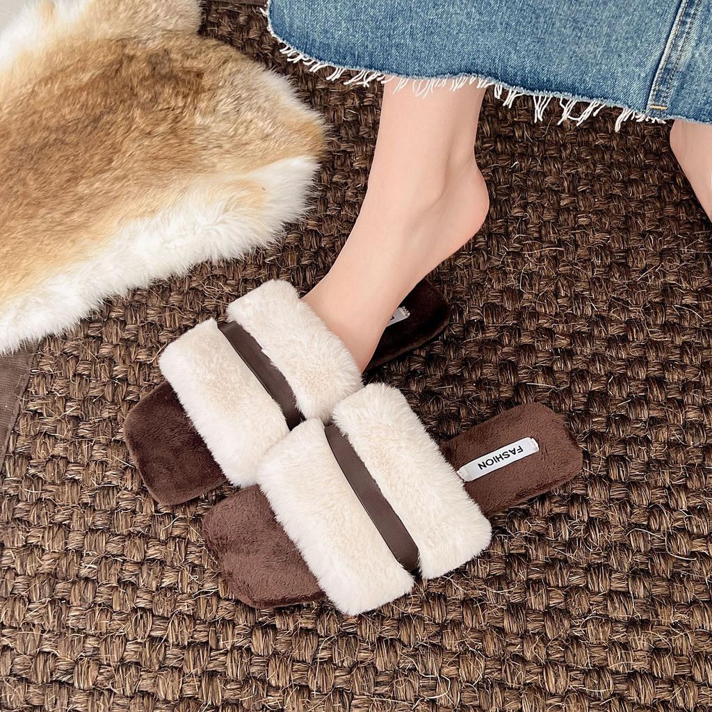 2025 Autumn and Winter New Flat-bottomed Fish Mouth Fashionable and Comfortable Foreign Trade Large Size Lazy Foot Fluffy Slippers Women