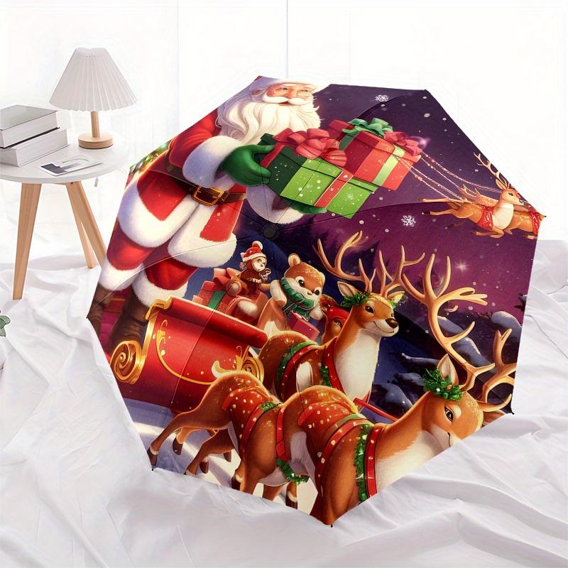 Weihnachtsmann & Rentier Weihnachtsschlitten Dekorativer AufkleberRegenschirm, Tragbarer 3-fach Kompakter Regenschirm, Weihnachtsgeschenk ES429