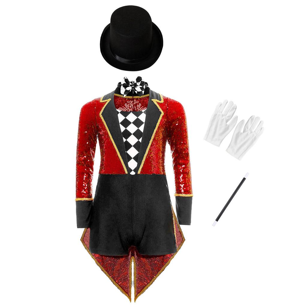 Complete Kids Magician Halloween Costume Set: Sequin Checkerboard Tailcoat Bodysuit with Hat, Bow Tie, Gloves & Magic Wand