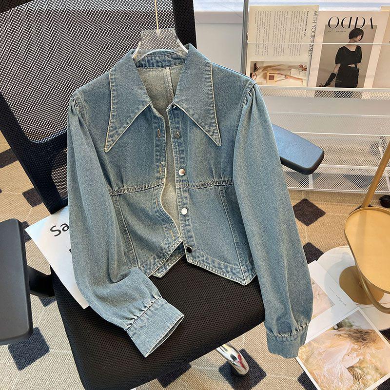 Women's Washed Retro Denim Jacket - Spring & Autumn Irregular Lapel, Long Sleeve, Short Hong Kong Style Shirt