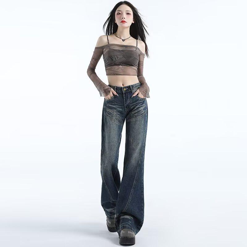 

Осенние ретро джинсы микро-клеш с высокой посадкой для женщин - джинсовые брюки в пол без эластичности M