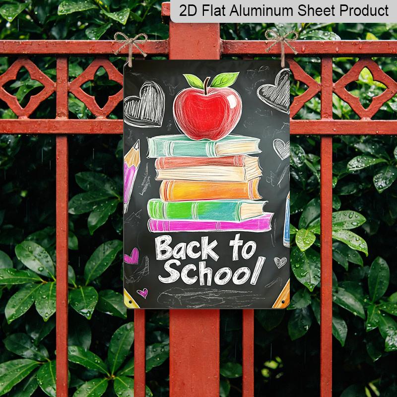 2D Flach, 1 Stück Tafelstil „Back To School“ Metallwandkunst Schild mit Apfel & Bücherstapel - 8*12 Zoll Aluminium Rustikale Klassenzimmerdekoration, Niedliche Hand