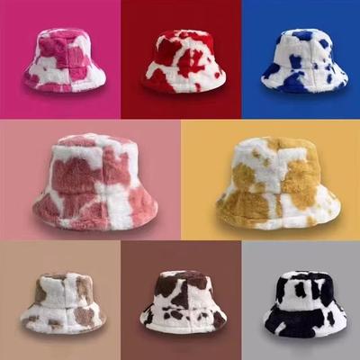Winter Cow Pattern Faux Fur Fluffy Fisherman Caps Outdoor Warm Women Men Thickened Rabbit Hair Bucket Hat Windproof Panama Cap