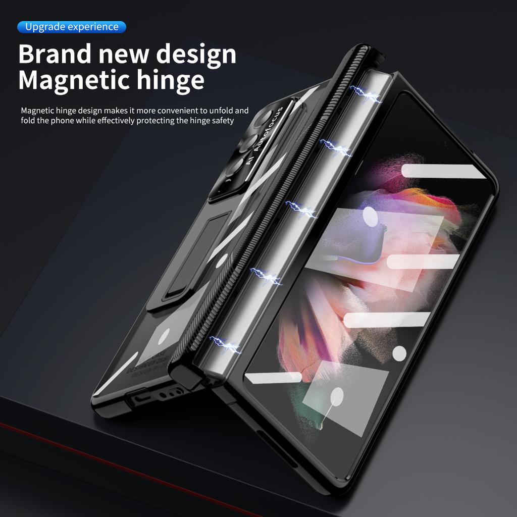 Magnetic Hinge Electroplate Frame Transparent Cover For Samsung Galaxy Z Fold 4 Case With Tempered Glass S Pen Bracket