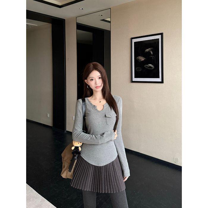 Women s Chic Korean Style Slim Fit Grey Long Sleeve T-shirt - Early Autumn Fashion S серый