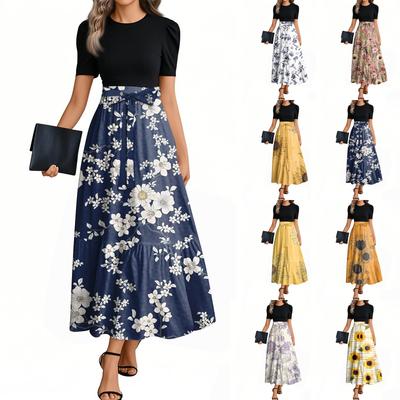 Women's Fashion Casual Belt Short Sleeve Round Neck Floral Stitching Elegant Temperament Dress