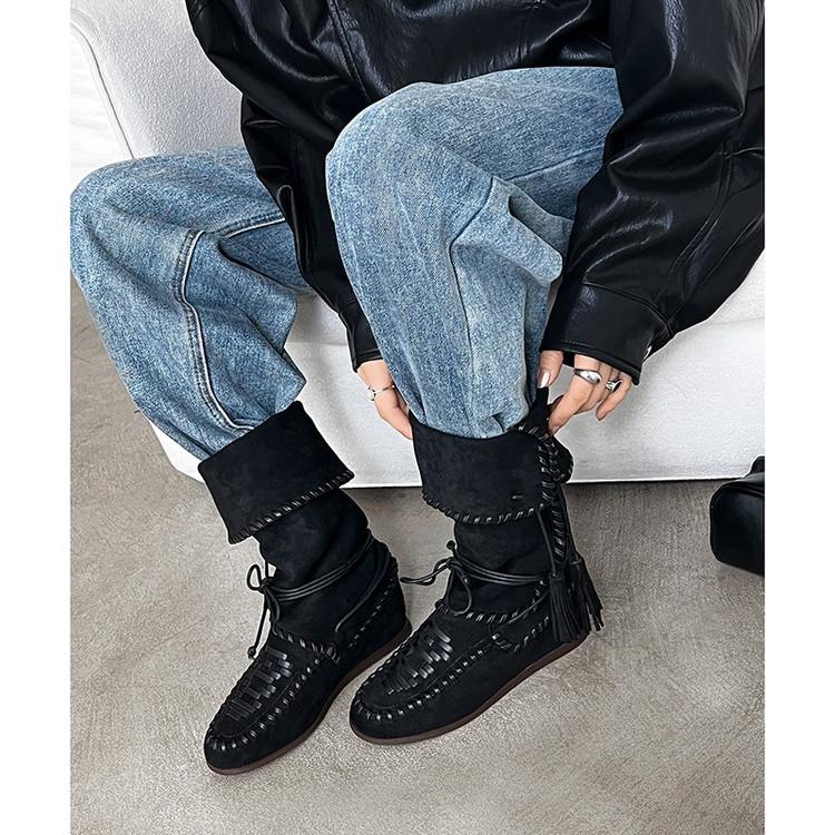 Round Head Suede Boxing Boots Women's 2025 New Inner Height Increase Lace-up Retro Weaving Versatile and Comfortable Two-wear Casual Shoes