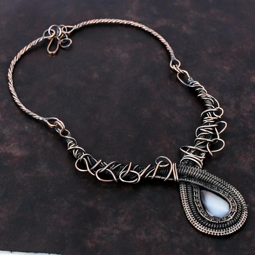Mother Of Pearl Gemstone Necklace Copper Wire Wrapped Necklace Adjustable Necklace Handmade Necklace Unique Copper Jewelry Anniversary Gift