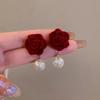 Orecchini a forma di rosa rosso vino floccato con perla - Stile retrò Hong Kong per donna, temperamento di alta classe, perfetti per autunno e inverno.