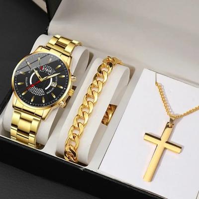 Juego de Reloj de Cuarzo de Acero Inoxidable para Hombre de Moda para Negocios y Pulsera Collar, Opción Ideal para Regalos