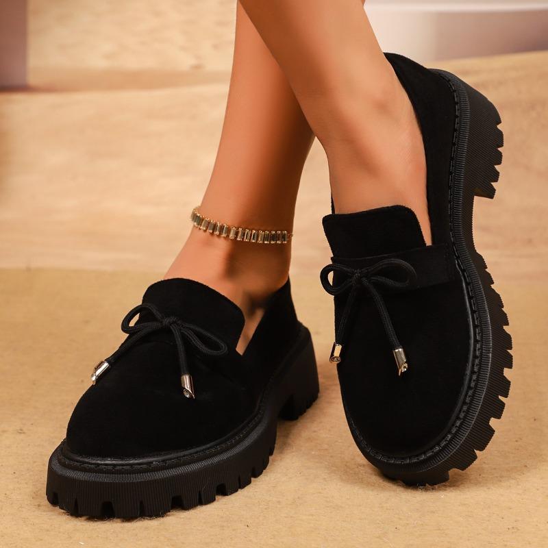 Women's Loafers Round Toe Platform Sole Square Heel Butterfly-knot Shoes  Fashion All-match Plus-size Spring Autumn Single Shoes