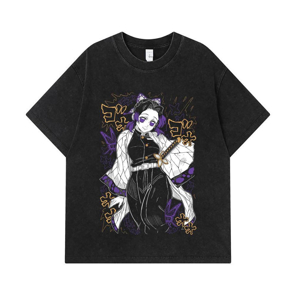 275 GSM Washed T-shirts 100% Cotton Demon Slayer V45 Shinobu Print Unisex Heavy Cotton T Shirt
