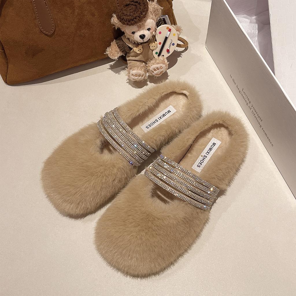 [Fanfuna] Rhinestone fluffy half-slippers women's autumn and winter outer wear advanced velvet 2025 new cotton slippers