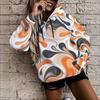 Women Plus Size Wave Printed White Long Sleeve Drawstring Hoodie Pullover With Kangaroo Pocket