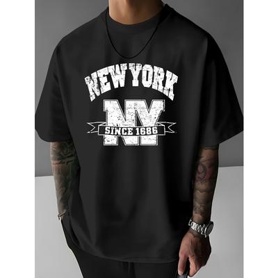 Men'S T-Shirt with a 'NEW YORK' Letter Design, Featuring an American Street Style, with a Loose Drop-Shoulder Fit And a Round Neck Short Sleeve