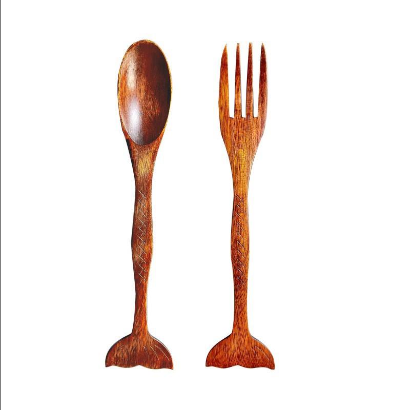 

2 PIECES Style Nanwood Fishtail Handle Spoon And Fork Set Solid Wood Handmade Pattern Dessert Fruit Salad Fork Tableware