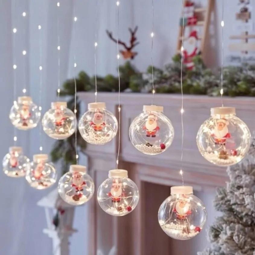 Christmas Curtain Garland For Window Balls Baubles Santa Claus Christmas + Remote Control