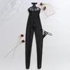 Porno Sexy Lingerie Exclusive Stripe Halter Sleeveless Sheer Mesh Jumpsuit 2Pc Erotic Set Metal Fastener Thong Backless Bodysuit