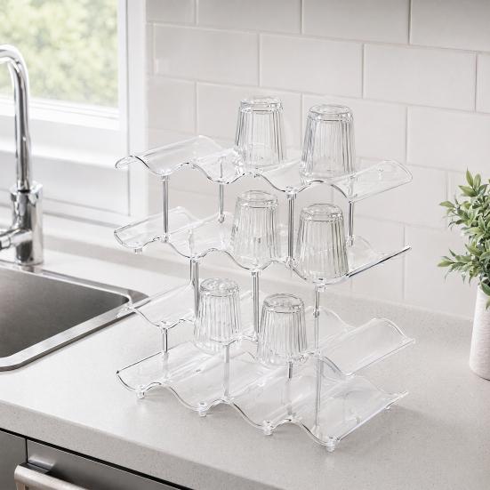 Yangyizhi Cup Storage Rack, Multi-Layer Stacking Organizer, with Wavy Slot Design, Space Saving Desktop Bar for Mugs Glasses Coffee Cups