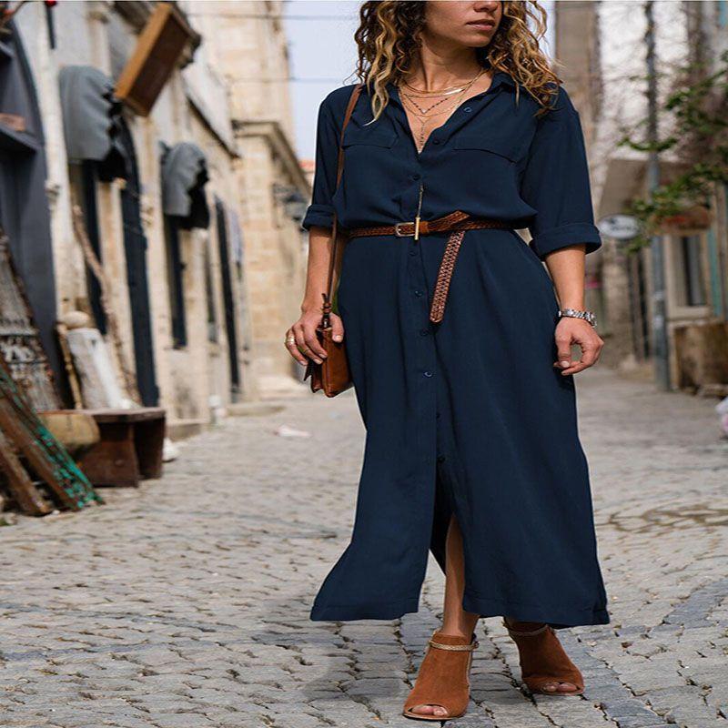 Elegante Abito Camicia da Donna con Bottoni, Manica Lunga, Vestibilità Larga, Maxi Abito da Tè Oversize