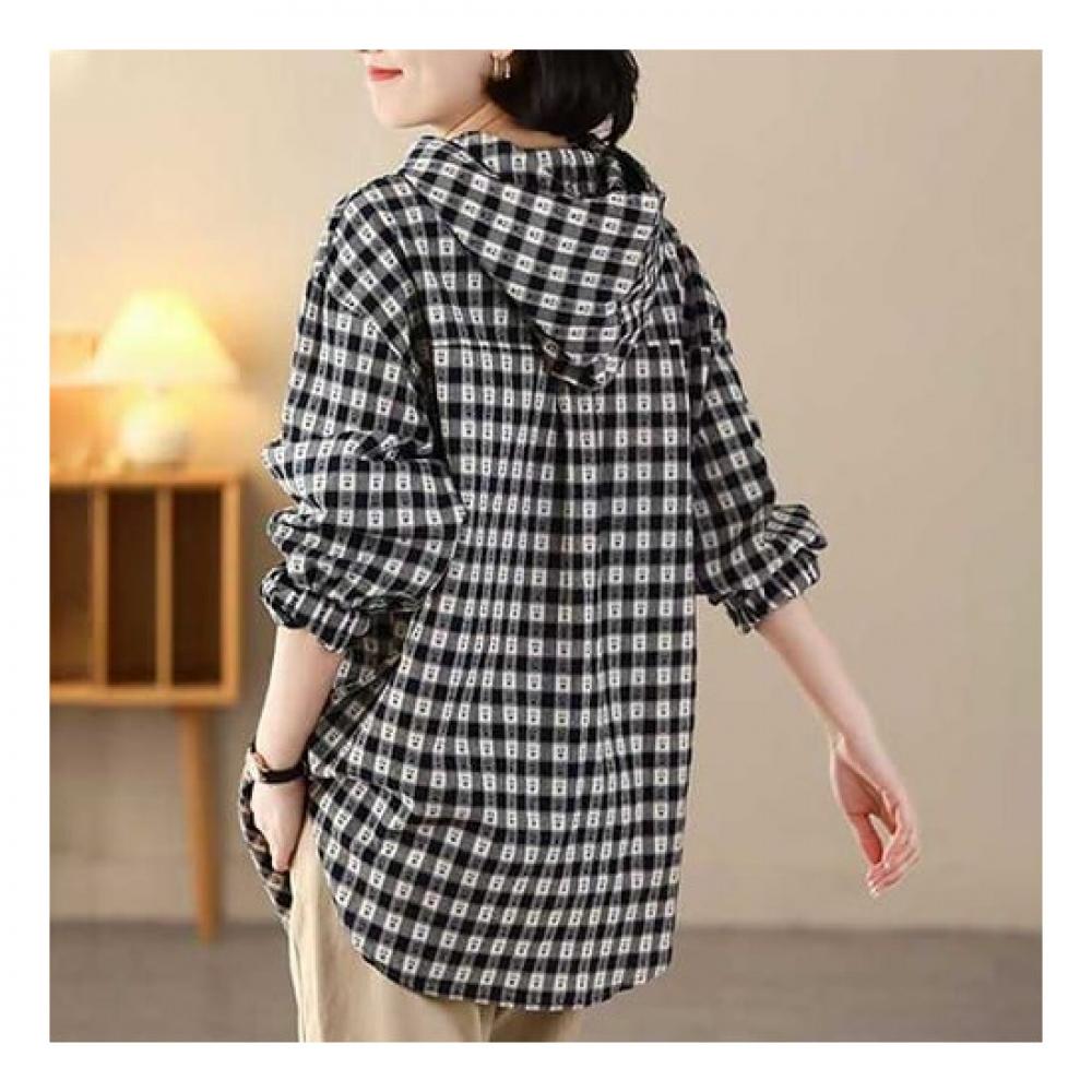 Navava Long Sleeve Hooded Shirt Retro Casual Check Nb1959