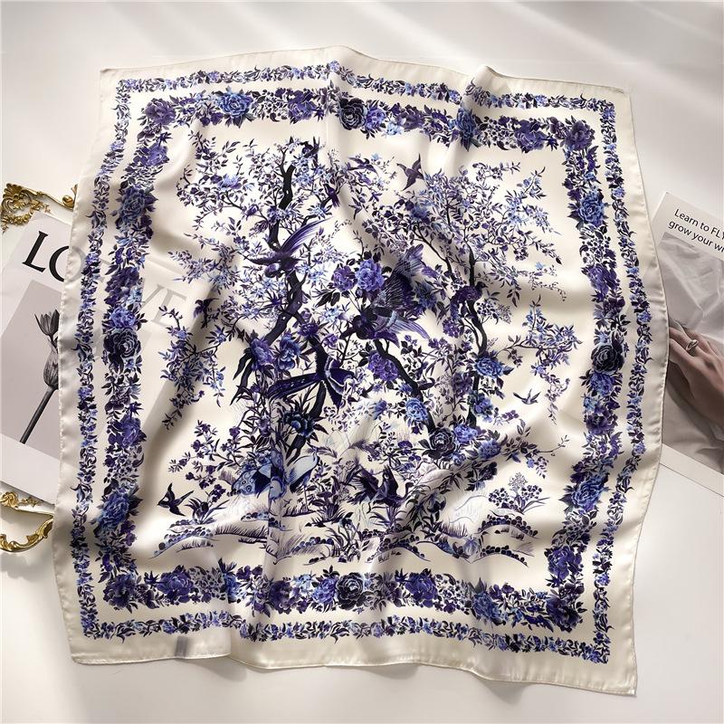Luxury Plant Floral Print Square Scarf for Women Satin Fashion Wraps Neckerchief Female Hair Bands Headband Bandana
