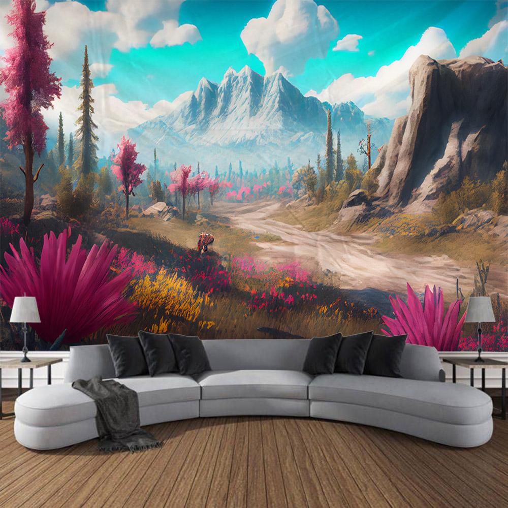 Beautiful wooden house, floral tapestry, forest landscape, home decoration hanging cloth, living room dormitory background cloth