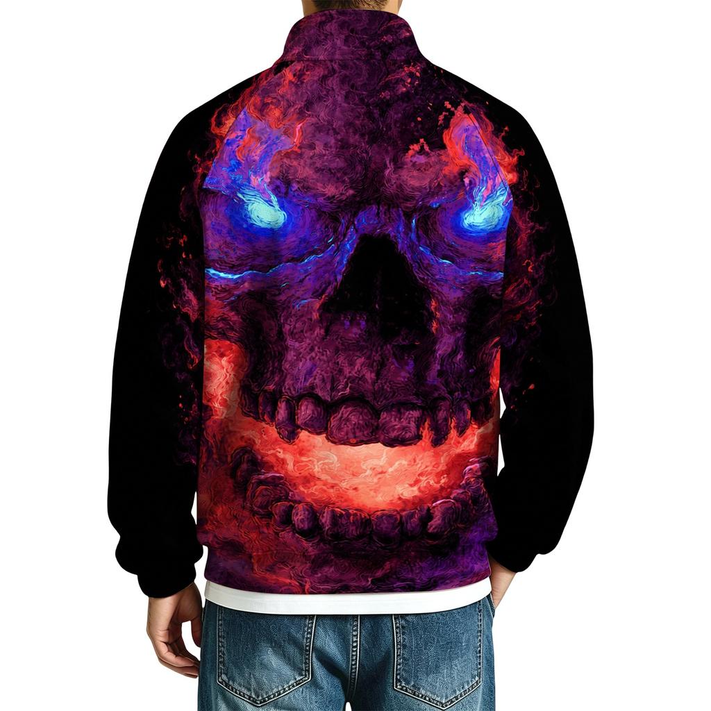 Men's Loose Fit Raglan Sleeve Sweatshirt with Stand Collar and Halloween Print for Parties and Daily Wear
