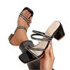 Women's Summer Square Toe Block Heel Sandals Strappy Open Toe Slip On Shoes with Rhinestone Embellishments for Casual Wear